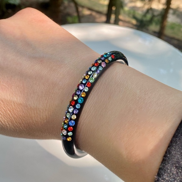 Black Acrylic Cuff Bracelet For Women With Mixed Swarovski Crystals by Lara Glam - Picture 8 of 13